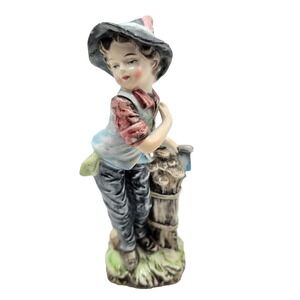 Vintage Japan Porcelain Figurine Country Alps Boy Hat Cutting Wood 8"